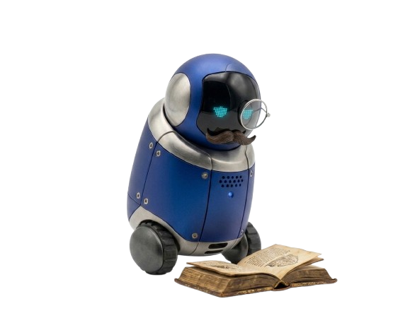 MISpeechHub robot mascot in reading glasses, studying an old book